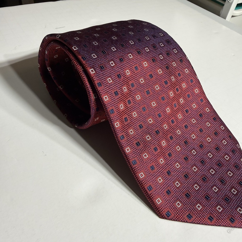 Bruno Piattelli Men's 100% Silk Tie Classic Length‎ Red W/blue& White Squares - Picture 2 of 11